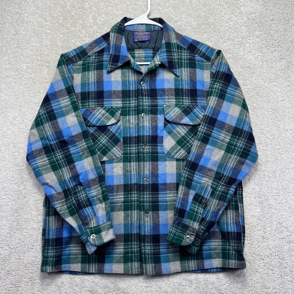 VINTAGE Pendleton Board Shirt Mens Large Blue Green Plaid Wool Loop Collar USA